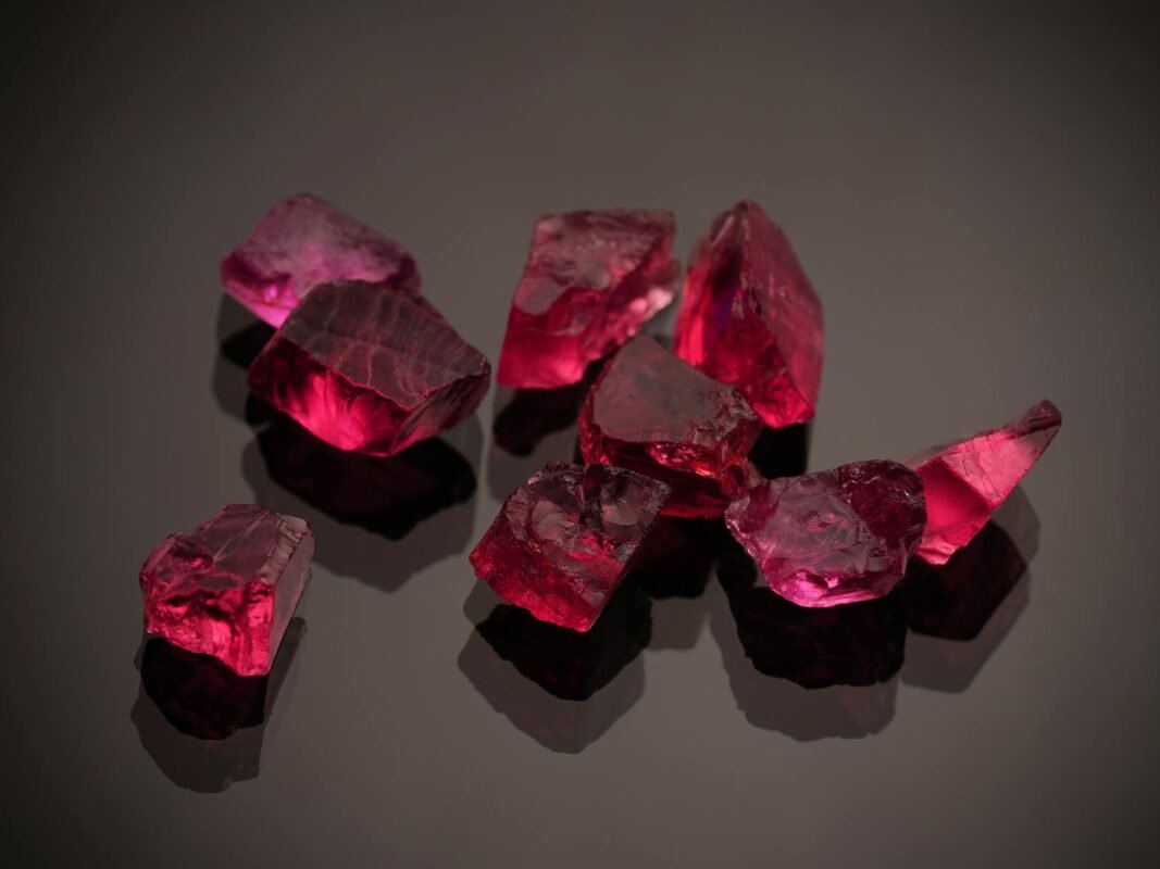 Close-up photo of vibrant red gemstones on a shiny black surface, showcasing brilliance.