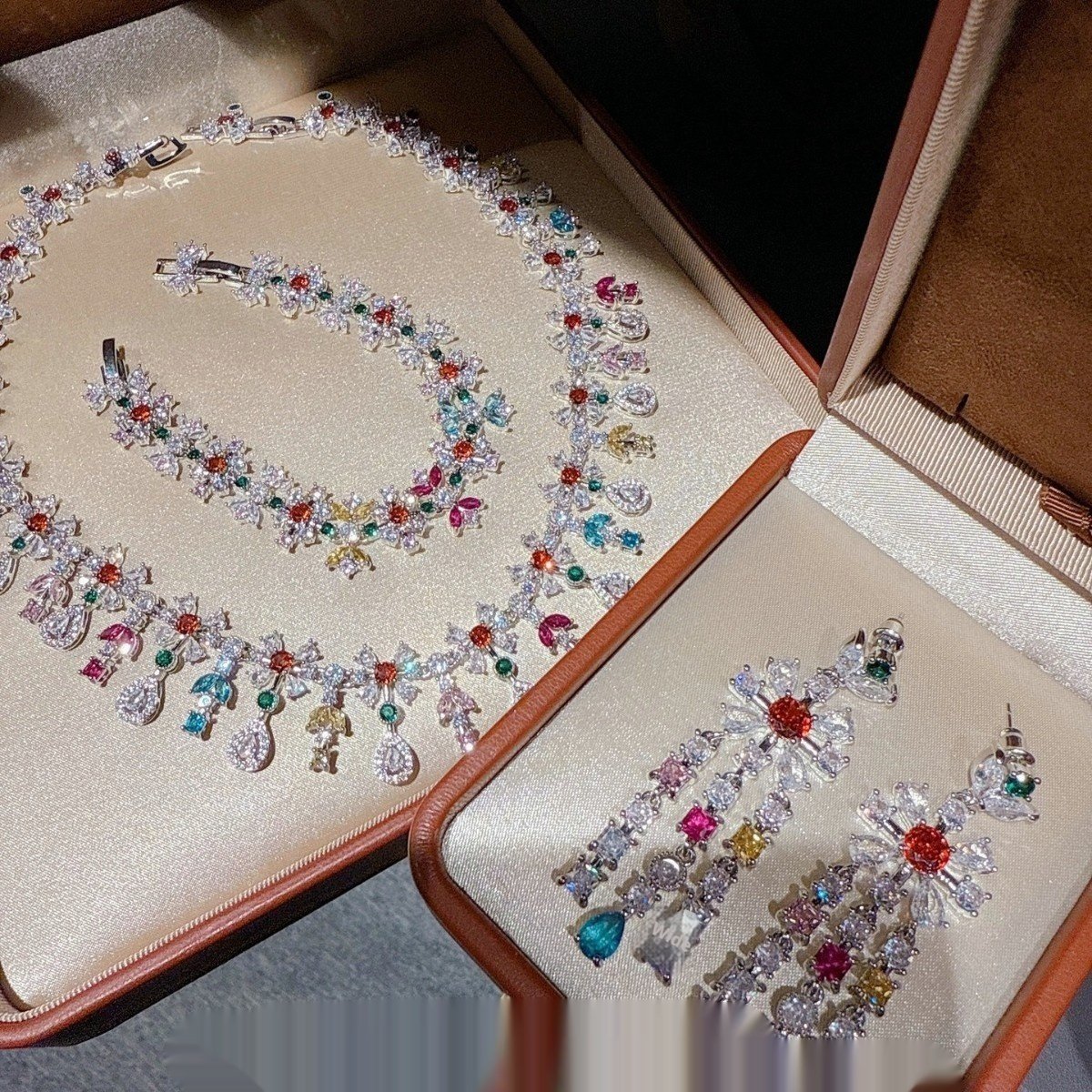 652c7c72-05a4-4d2a-9af7-75d0fd99ad09_fine.jpeg Rainbow Gemstone Jewelry Set – Vintage Floral Necklace Earrings Brooch for Women - Image 1