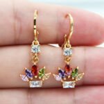 18K Gold Plated Crown Earrings with Colored Stones – Elegant Women Jewelry