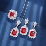 Gold Plated Jewelry Set with Red Corundum – Necklace Earrings Ring for Women