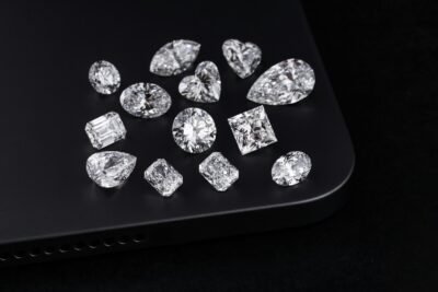 Diamonds of various shapes are on a black surface.