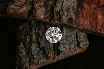 A sparkling diamond rests on a bed of wood.