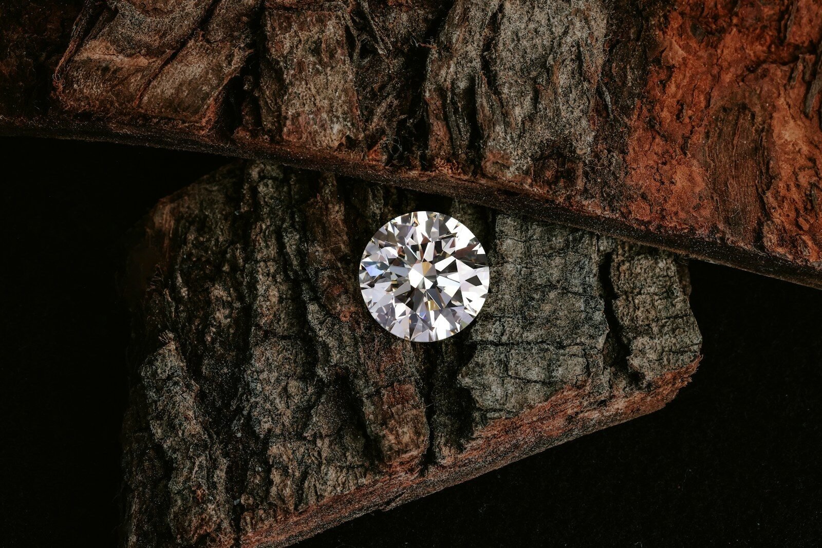 A sparkling diamond rests on a bed of wood.