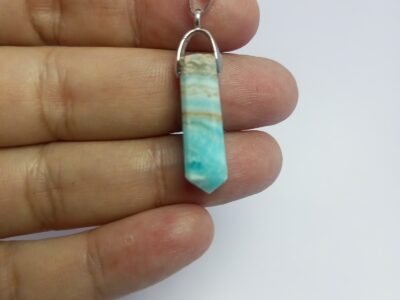Natural Caribbean Calcite Steel Pendant Ocean Blue Calcite Crystal Hook Necklace Vintage Jewelry