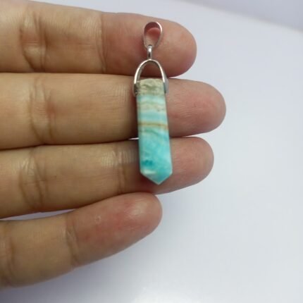 Natural Caribbean Calcite Steel Pendant Ocean Blue Calcite Crystal Hook Necklace Vintage Jewelry