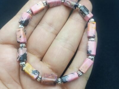 Natural Pink Rhodonite Beaded Bracelet Handmade Stretch Rubber Cord Rose Gemstone Jewelry