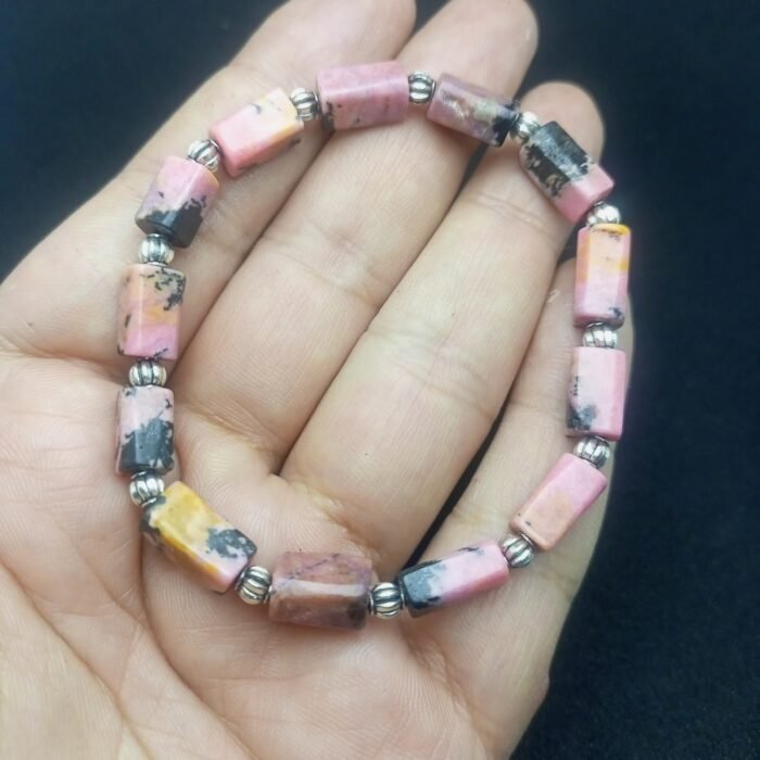 Natural Pink Rhodonite Beaded Bracelet Handmade | Stretch Rubber Cord | Gift - Image 3