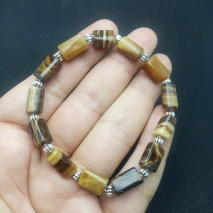 Natural Chocolate Calcite Beaded Bracelet Handmade Stretch Elastic Cord Brown Banded Gemstone Jewelry