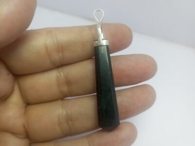 Natural Black Serpentine Silver Pendant Pakistan Origin Dark Polished Stone Vintage 925 Jewelry